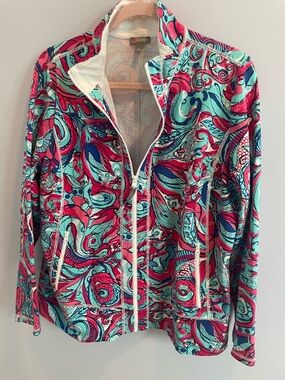 Talbots Teal and Pink Printed Zip Front Jacket